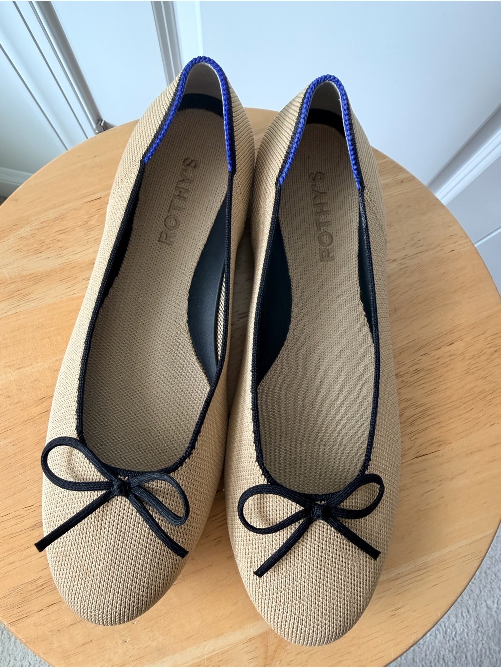 Rothy's Beige Knit Ballet Flats with Black Trim and Bow